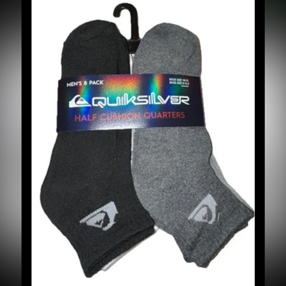 Quicksilver Quarter Socks 8 Pair Men's 8-12.5 Black Gray White w Ankle Logo Surf